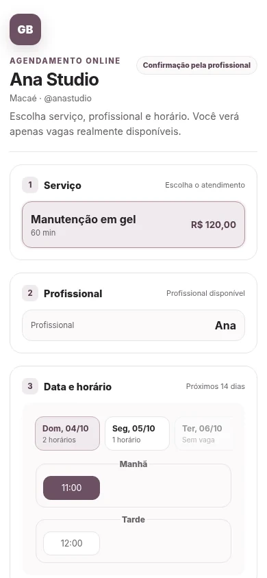 Página pública de agendamento do Gestão Beauty