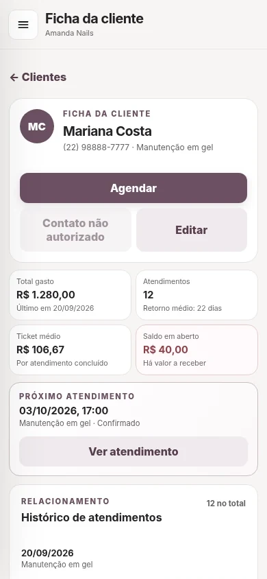 Ficha de cliente real do Gestão Beauty